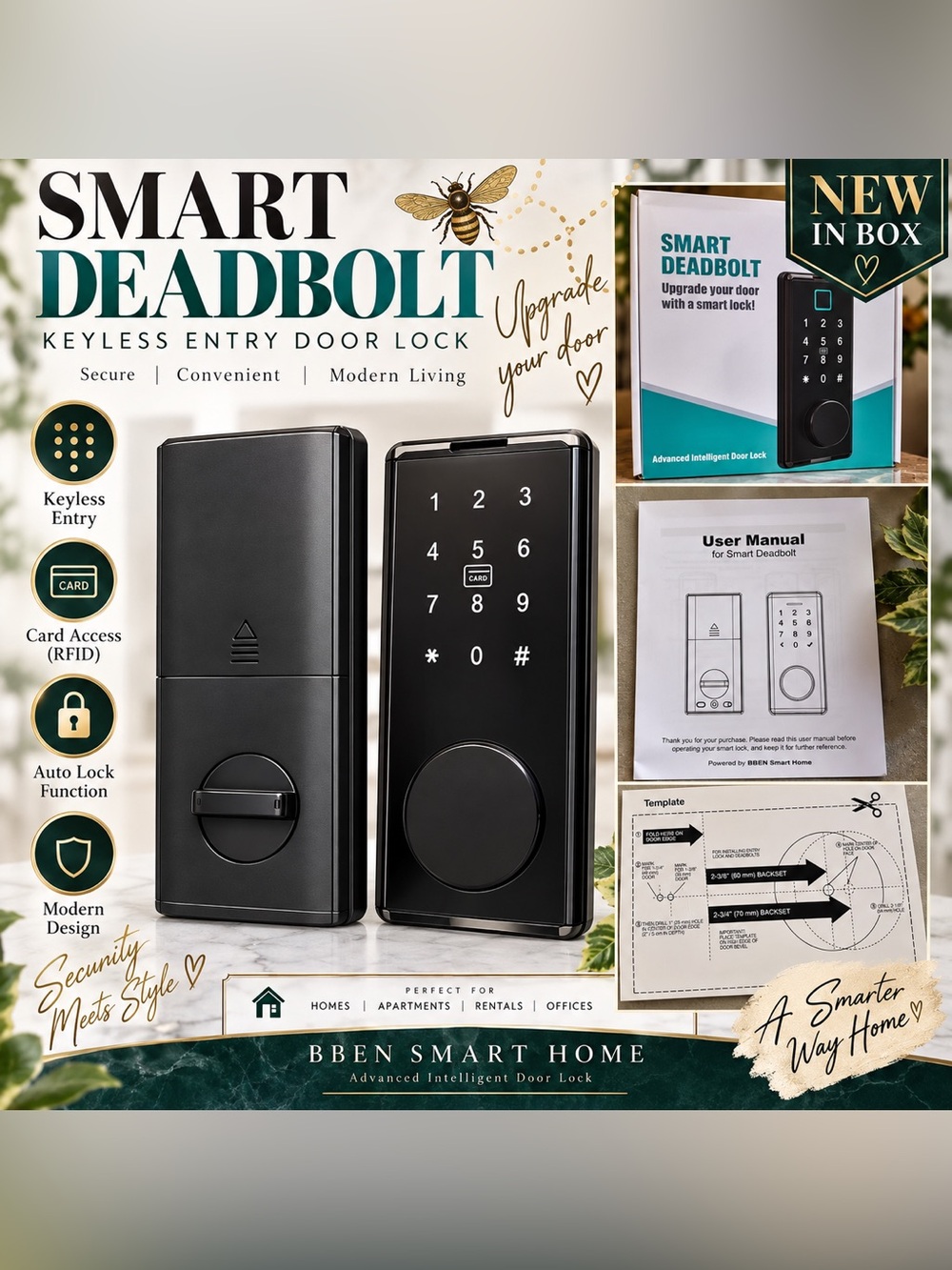 NEW BBEN Smart Home Keyless Entry Smart Deadbolt Keypad Card Auto Lock